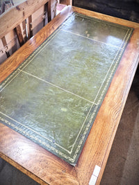 Vintage Oak Partners Desk - showing the green leather top.