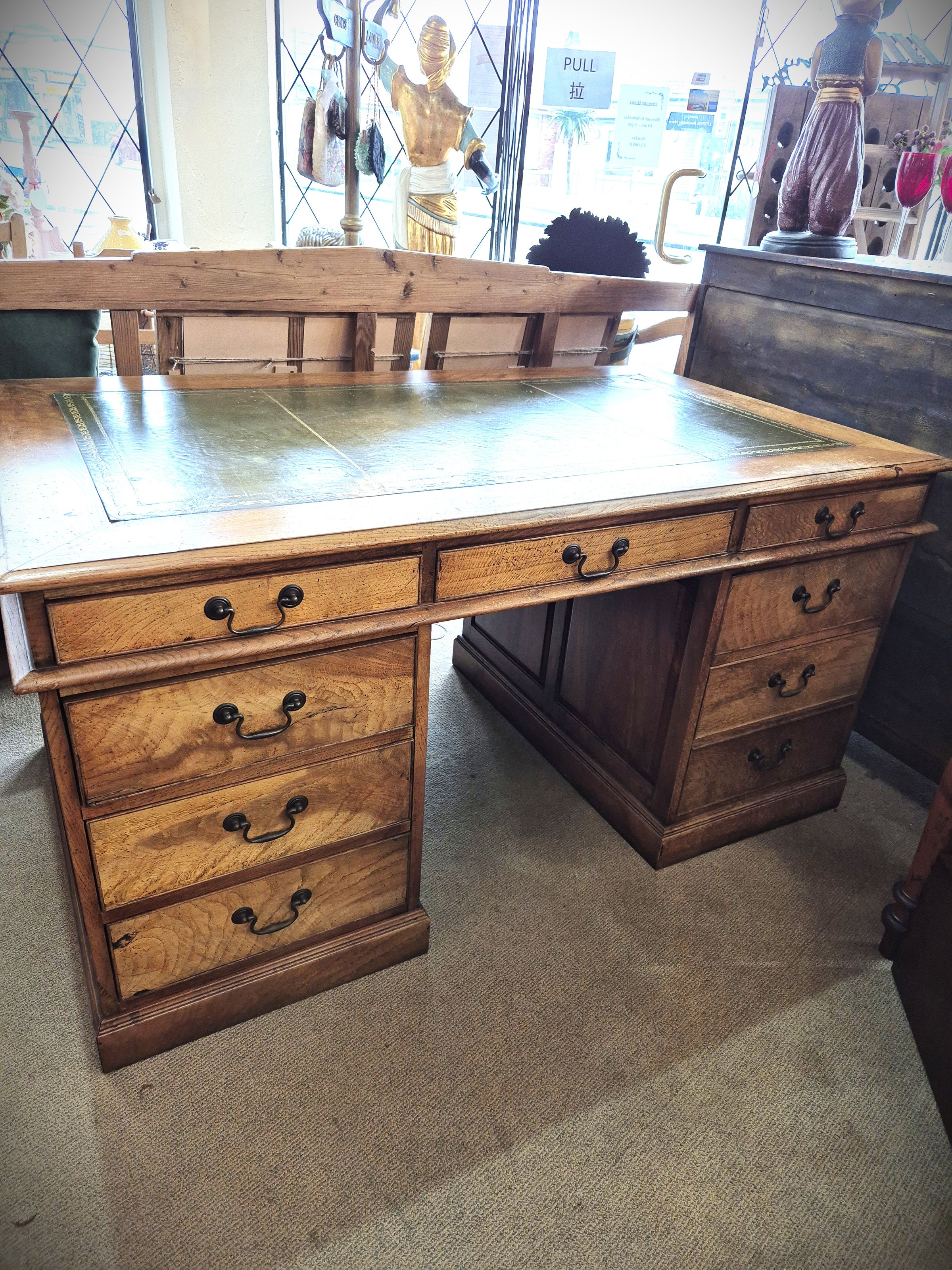 Vintage Oak Partners Desk with green leather top