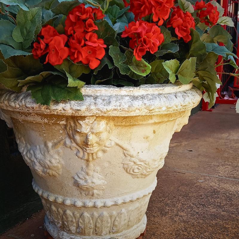 Garden and conservatory.  Photo of an antique planter with geraniums.