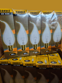 Image shows packet of 40 Watt candle tip bulbs