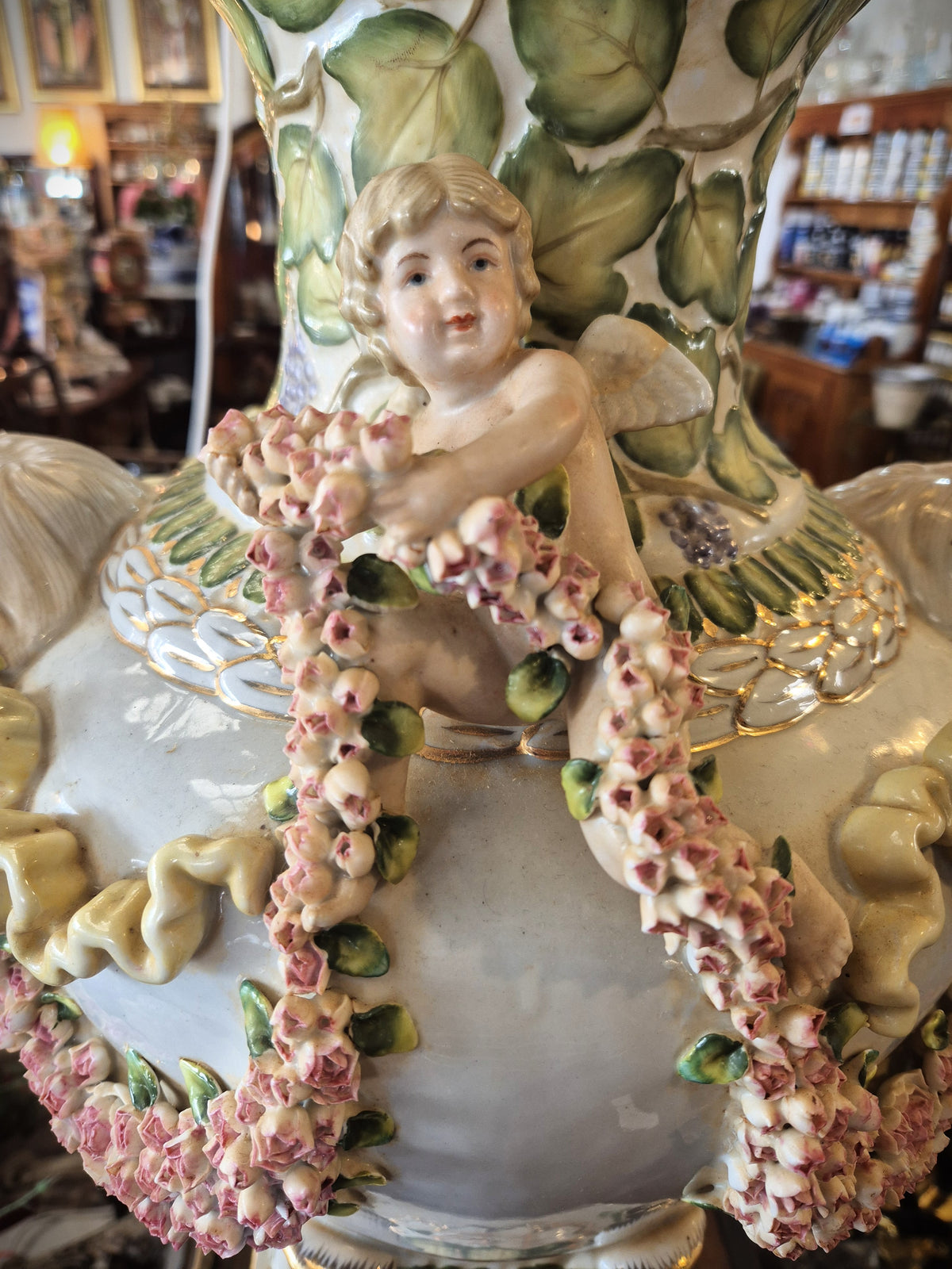 Large Capodimonte-Style Urn Cherub on the side