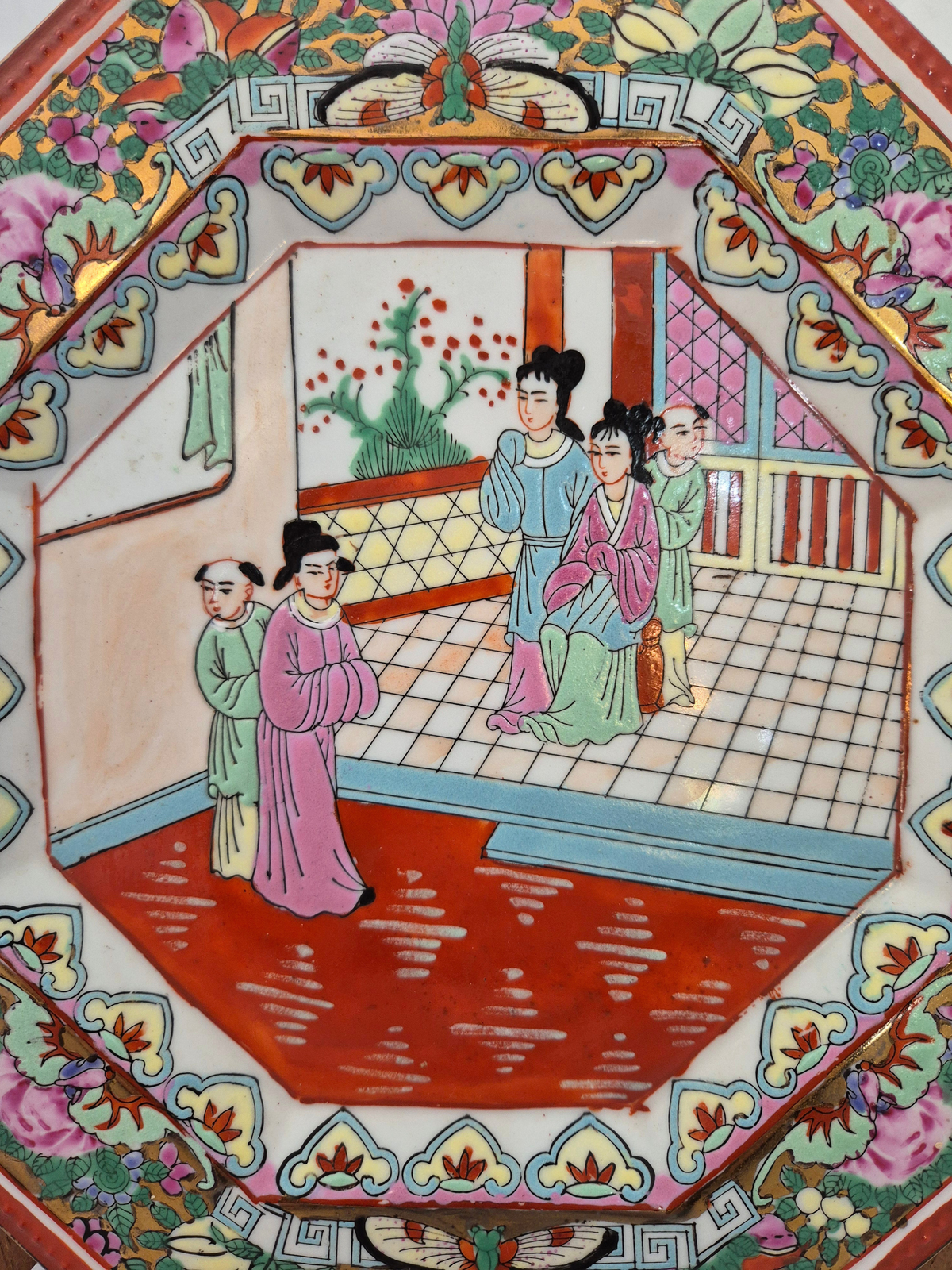 close up of Vintage Famille Rose Enamel Octagonal Plate