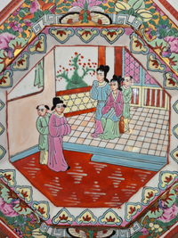 close up of Vintage Famille Rose Enamel Octagonal Plate
