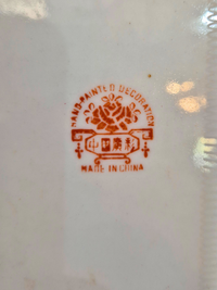 Hall mark of Vintage Famille Rose Enamel Octagonal Plate which reads "hand-painted decoration. Made in China"