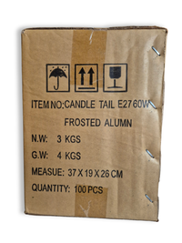 Photo shows outside box of light bulbs with details E27 60W Frosted
