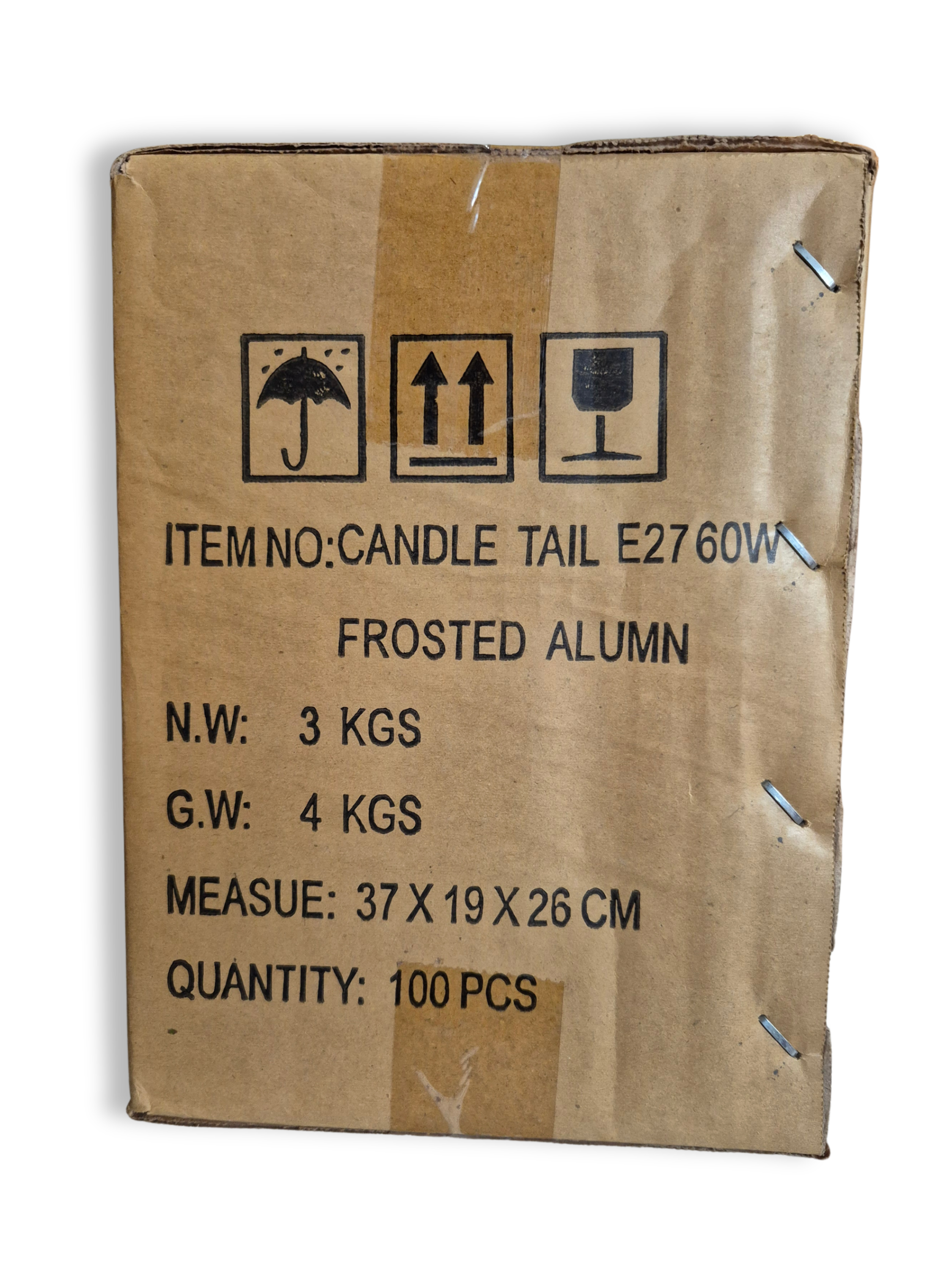 Photo shows outside box of light bulbs with details E27 60W Frosted