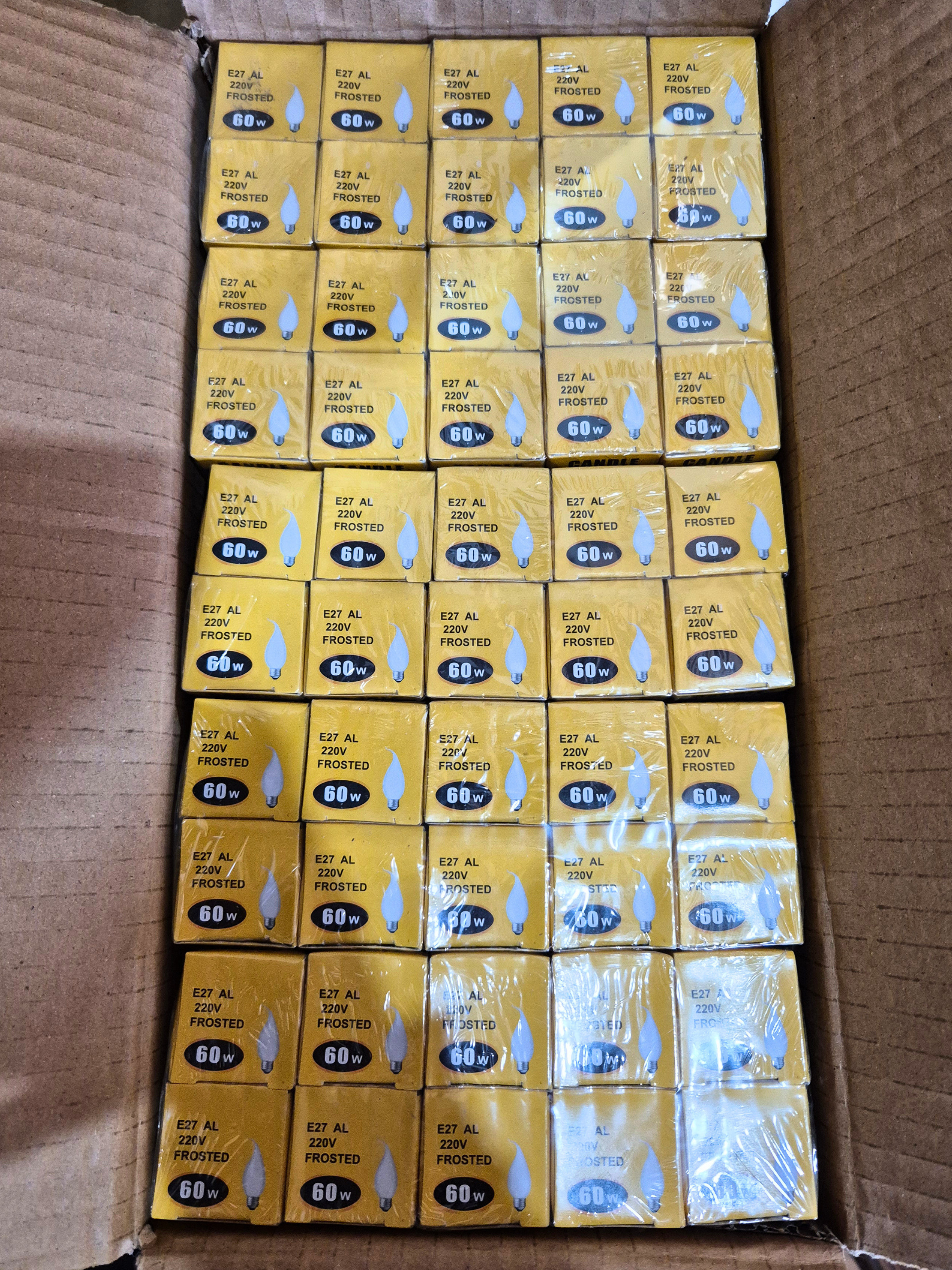 Photo shows box lot of lightbulbs