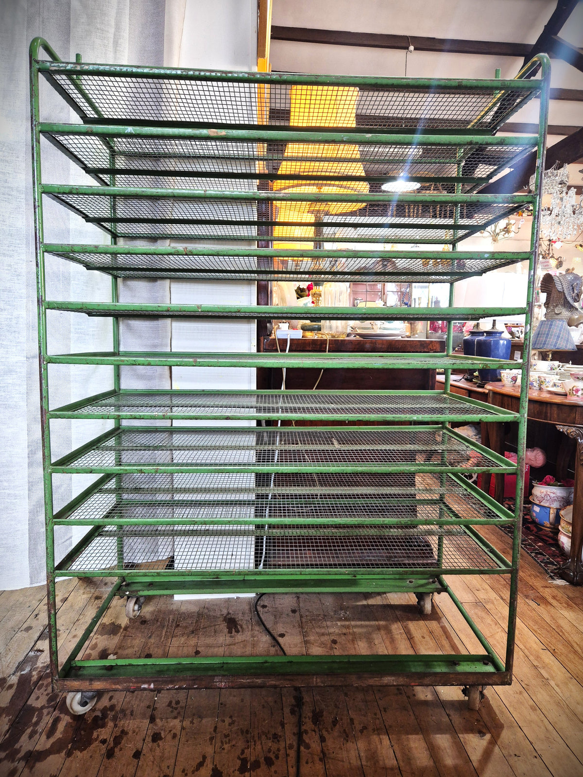 English bakers trolley front view showing 10 wire racks