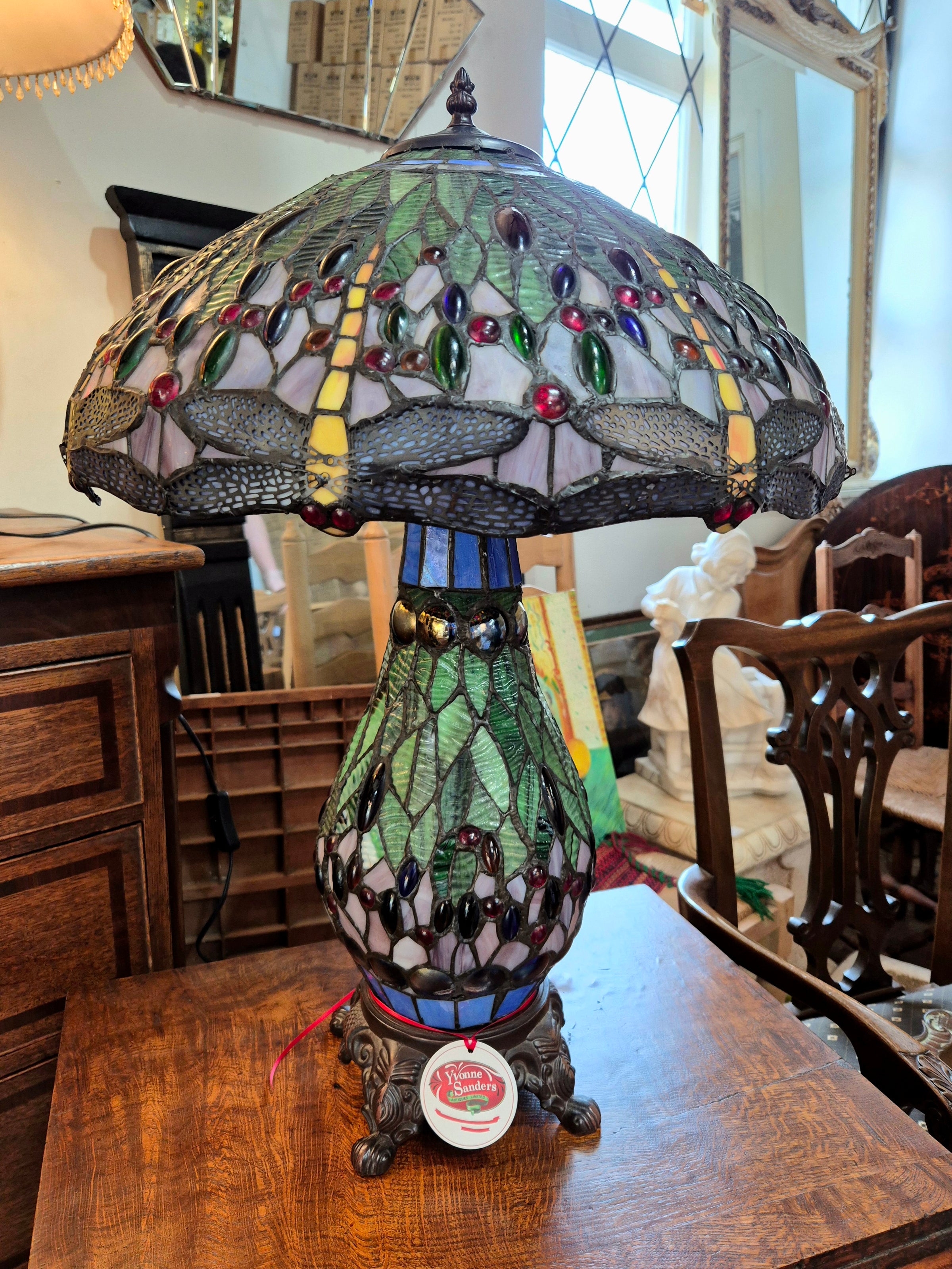 Large Tiffany Table Lamp with dragonflies.  Photo showing the lamp switched off.