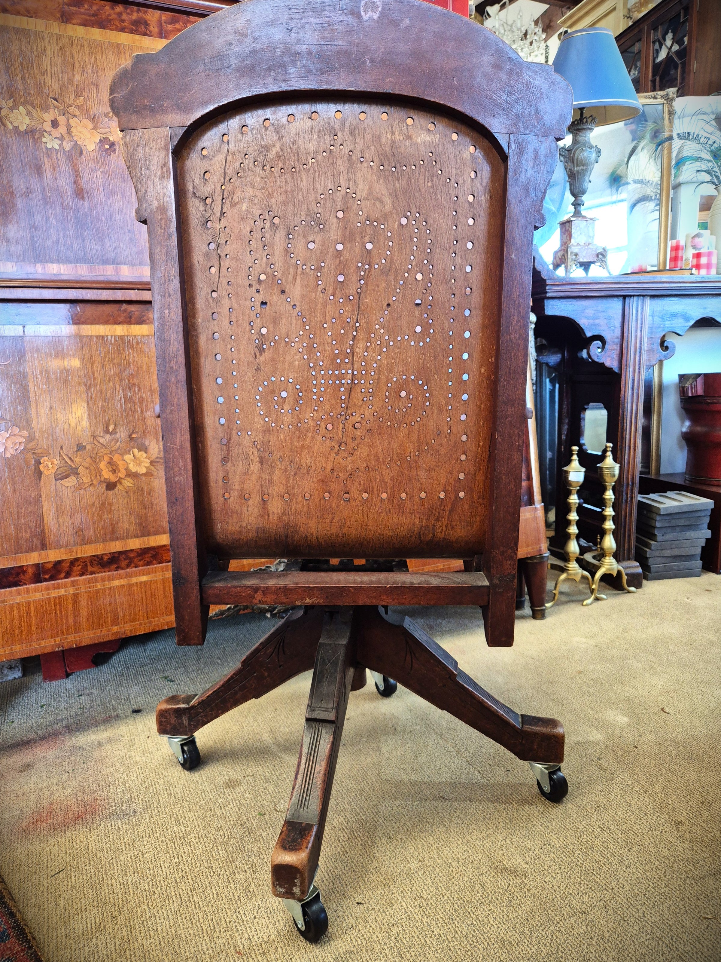 American antique oak swivel office chair back view