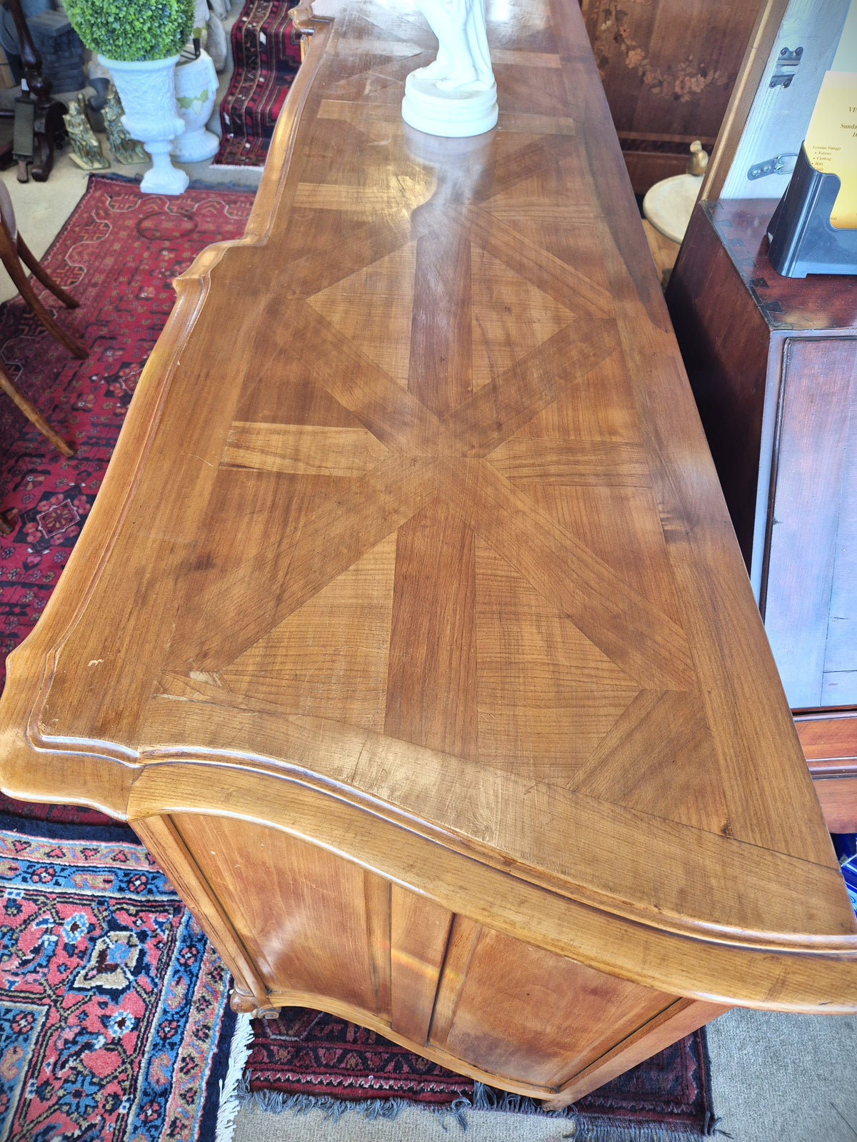 Vintage European Beech Reproduction Sideboard showing the top.