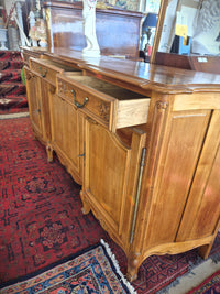 Vintage European Beech Reproduction Sideboard showing  drawers open.