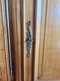 Vintage European Beech Reproduction Sideboard showing key in escutcheon.