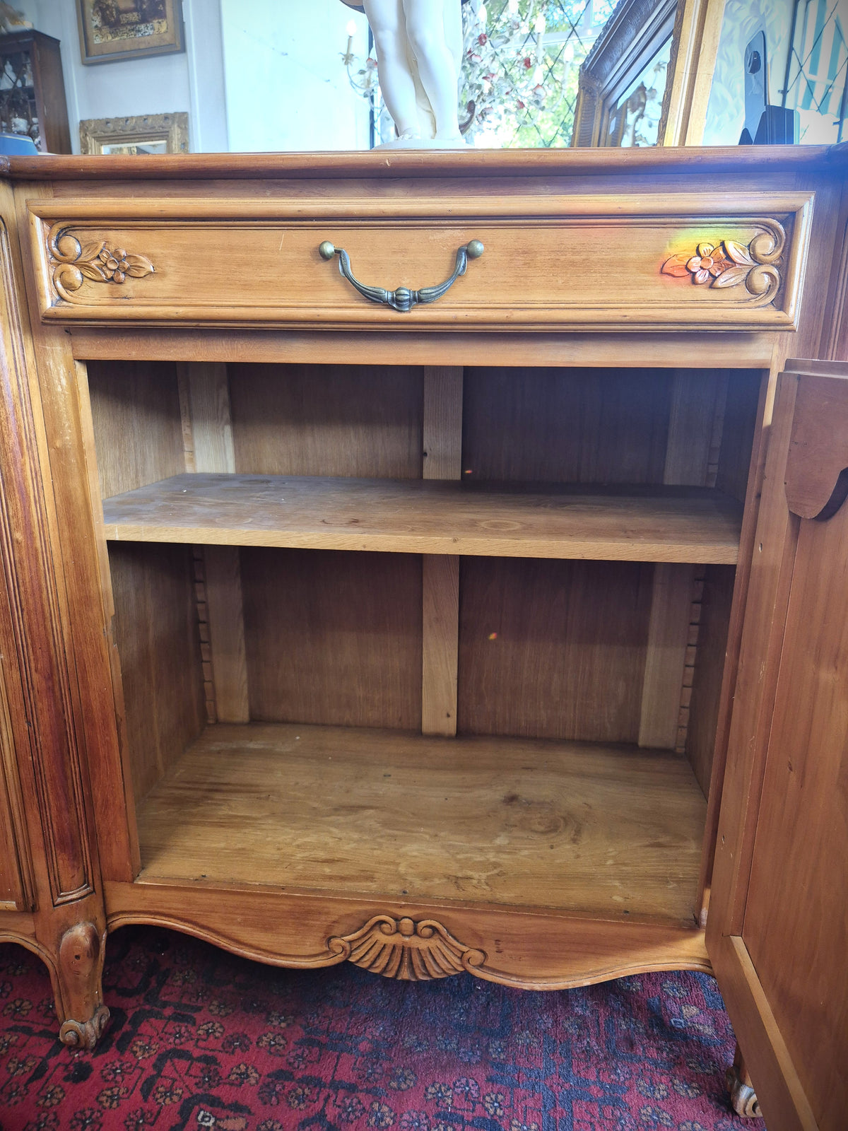 Vintage European Beech Reproduction Sideboard showing middle cupboard open.