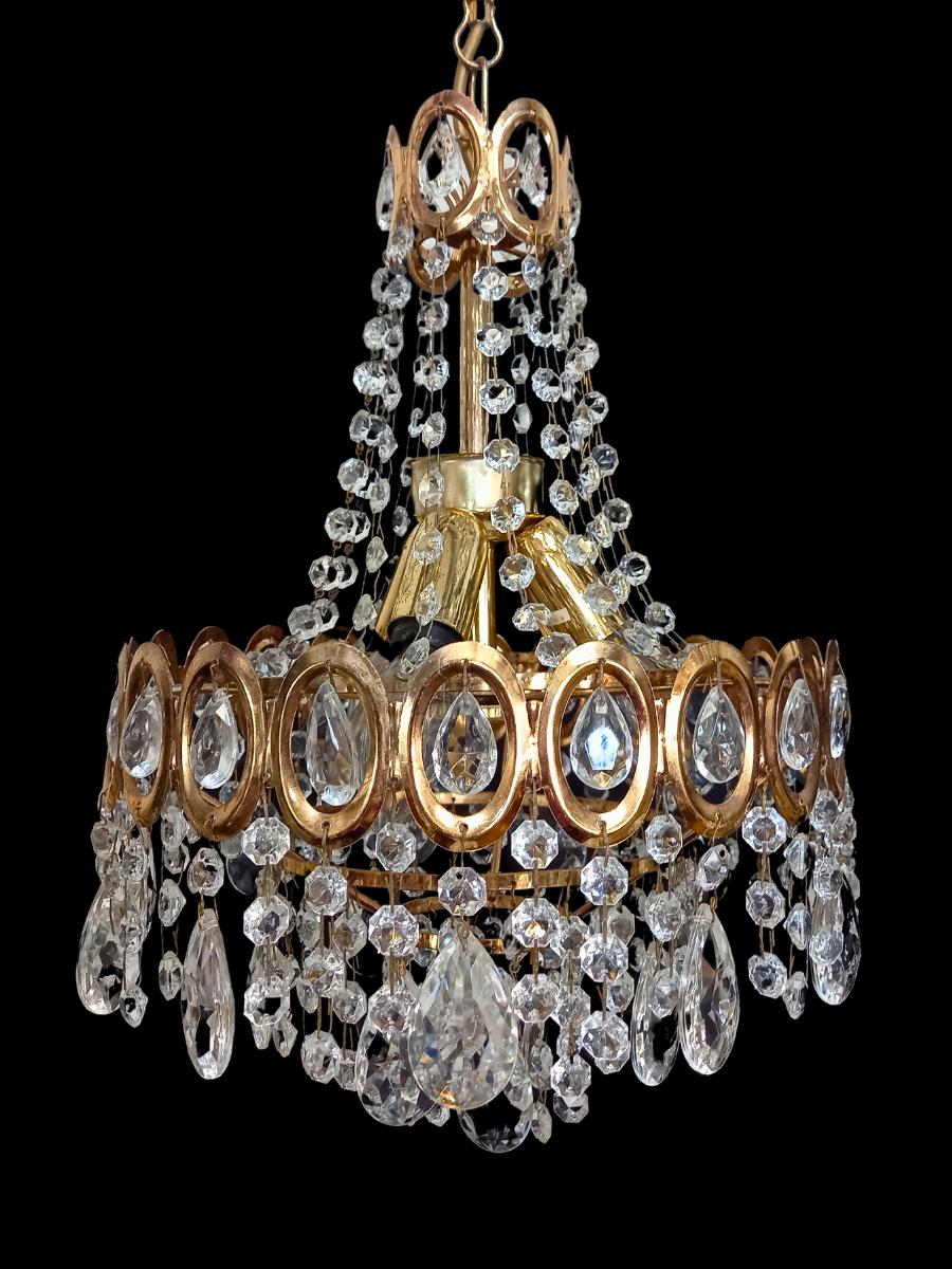 Small Vintage Crystal & Brass Chandelier