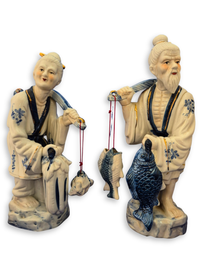 Vintage Chinese Fisherman & Fisherwoman Figurines - Pair