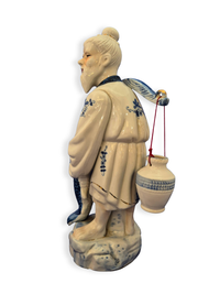 Vintage Chinese fisherman figurine showing the back view.
