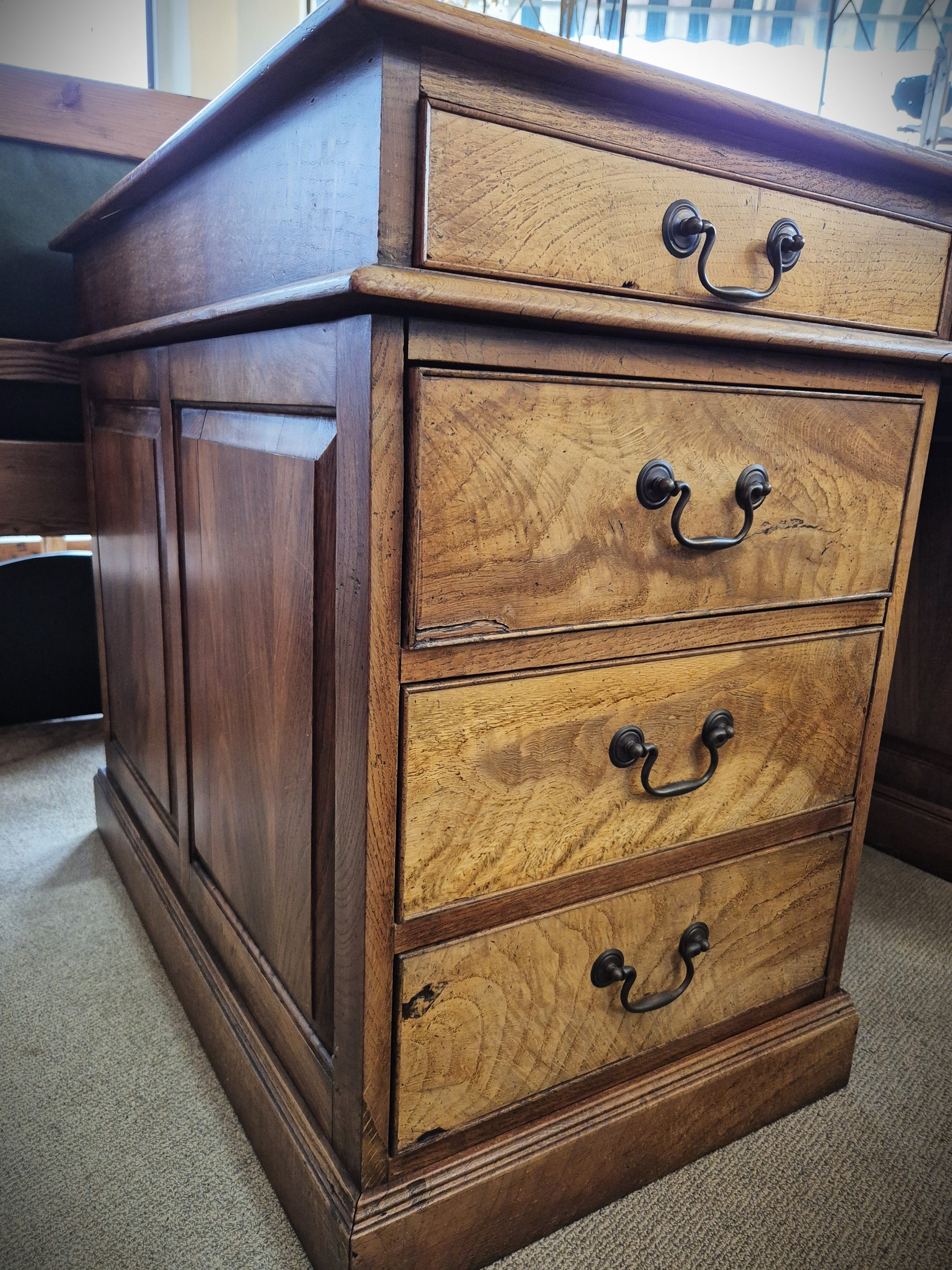 Vintage Oak Partners Desk - showing a close up of one side of drawers.
